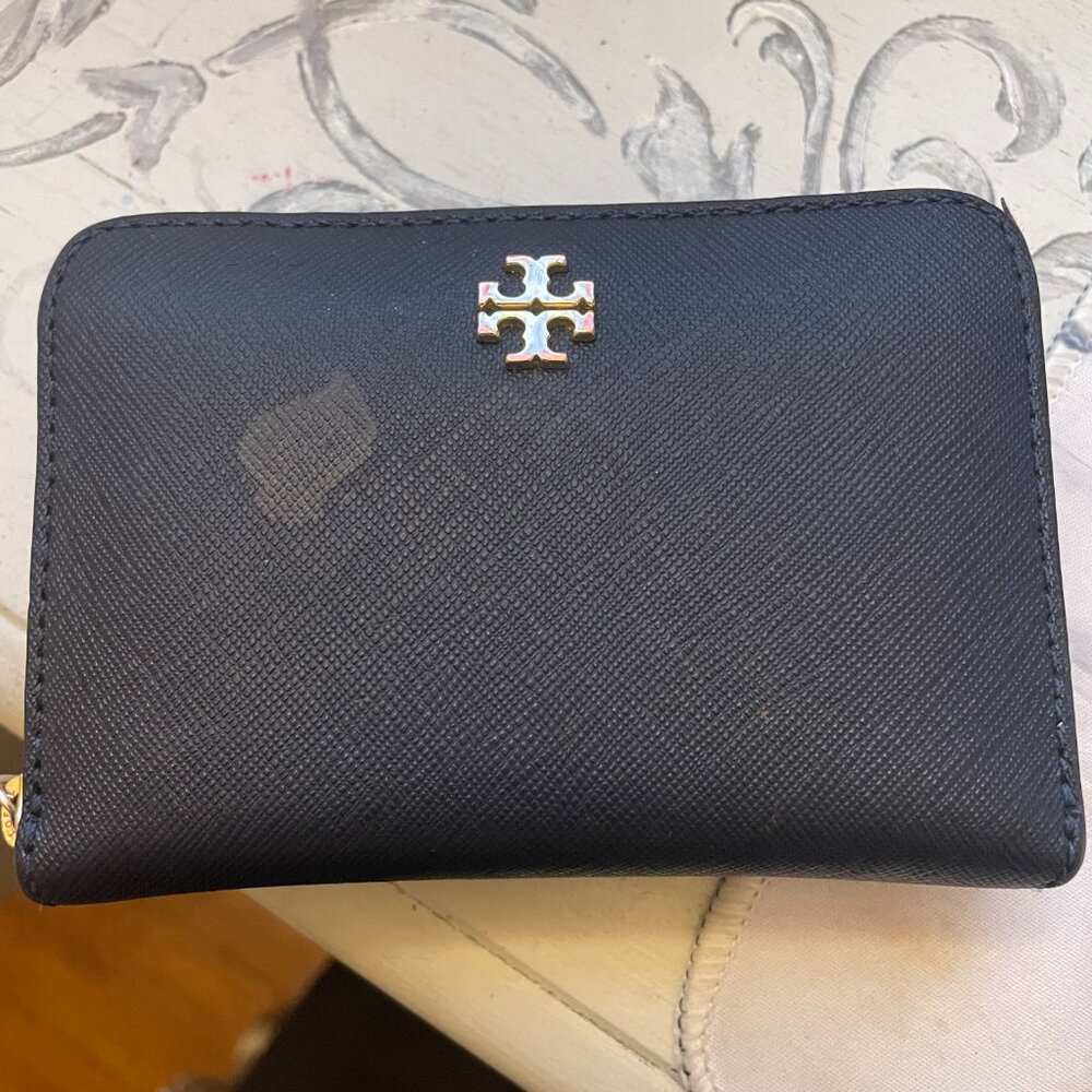 Tory Burch Wallet Zip Around Keychain Logo Navy Blue Credit Card Holder